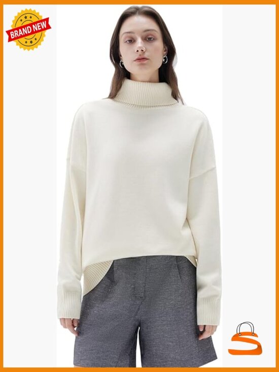 Sweaters - Oversized Cashmere Blend Turtleneck Pullover Sweater Long Sleeve Knit